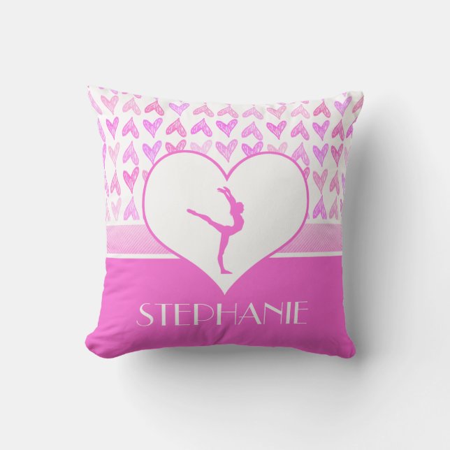 Monogrammed Gymnastics Pink Watercolor Hearts Cushion (Front)