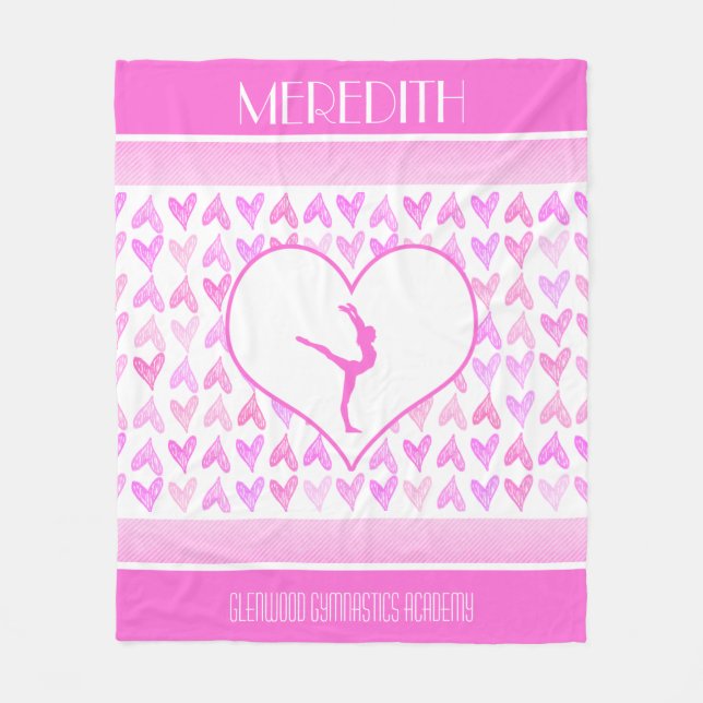 Monogrammed Gymnastics Pink Watercolor Hearts Fleece Blanket (Front)