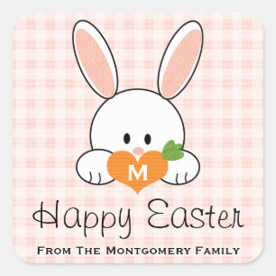 Monogrammed Happy Easter Bunny Seals Pink Gingham