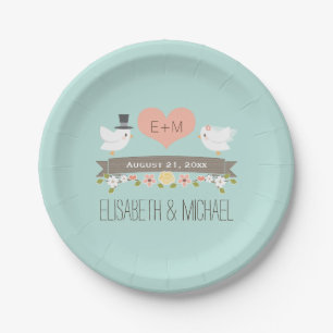 Monogrammed Heart Aqua Blue Love Bird Dove Wedding Paper Plate