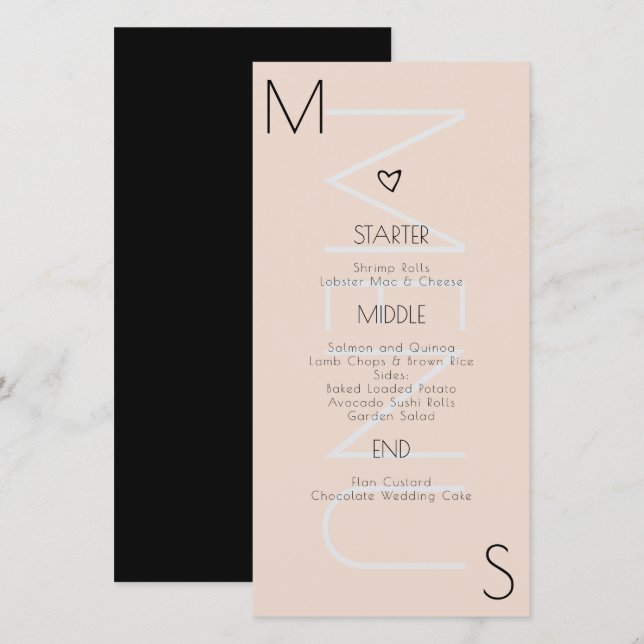 Monogrammed  Heart Wedding Menu (Front/Back)
