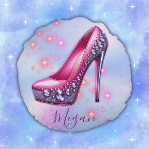 Monogrammed High Heel in Glitter Pink on Blue Round Cushion