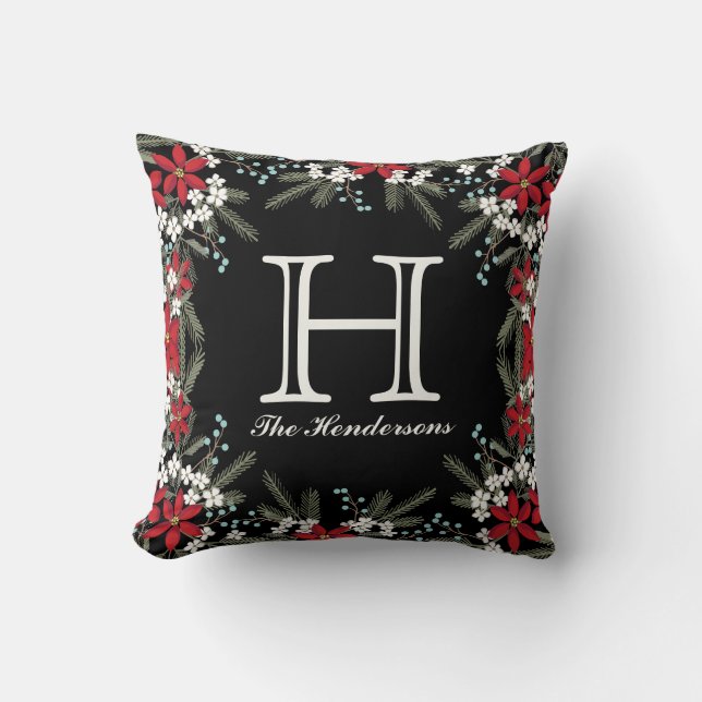 Monogrammed Holiday Theme Floral Decor Cushion (Front)