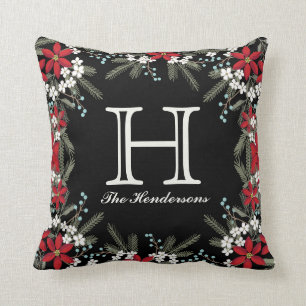 Monogrammed Holiday Theme Floral Decor Cushion