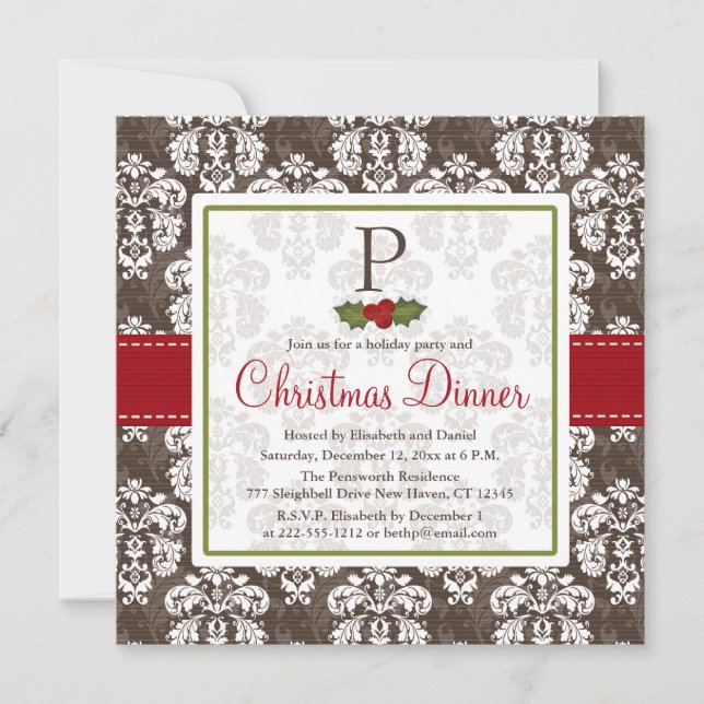 Monogrammed Holly Berry Christmas Party Invitation (Front)