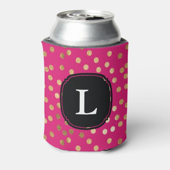 Monogrammed Hot Pink and Gold Glitter Polka Dot Can Cooler (Can Back)