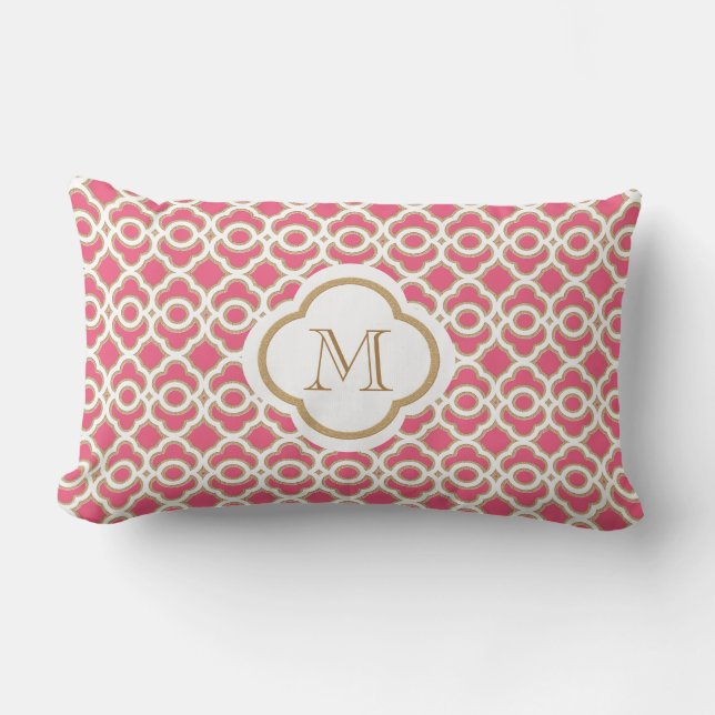 Monogrammed Hot Pink and Gold Moroccan Lumbar Cushion (Front)