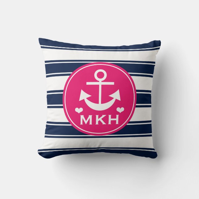 Monogrammed Hot Pink and Navy Blue Anchor Cushion (Front)
