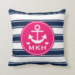 Monogrammed Hot Pink and Navy Blue Anchor Cushion<br><div class="desc">Add your three letter monogram and initials to the hot pink fuchsia and white circular design on this cute and preppy nautical pattern with an anchor and white hearts and a matching bright pink back. Artwork © Chrissy H. Studios,  LLC. All rights reserved.</div>