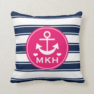 Monogrammed Hot Pink and Navy Blue Anchor Cushion