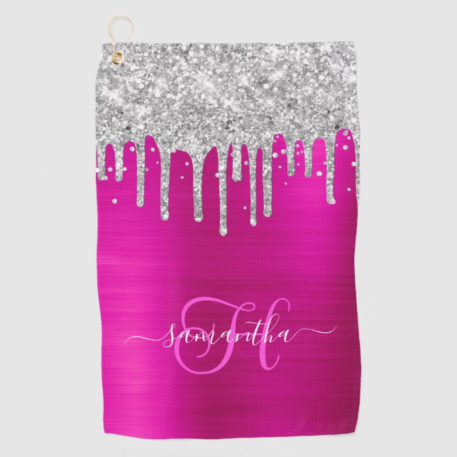 Monogrammed Hot Pink and Silver Dripping Glitter Golf Towel (Front)