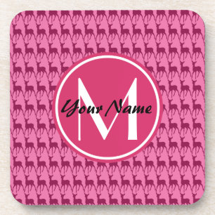 Monogrammed Hot Pink Deer, Personalised Name #2 Coaster