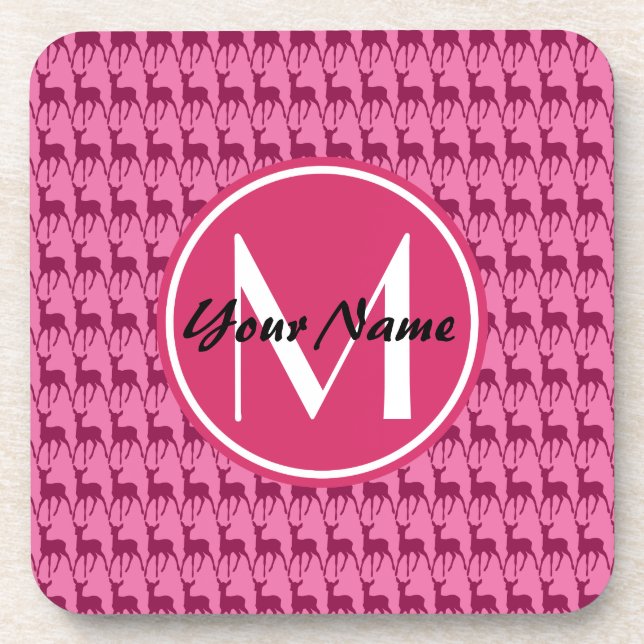 Monogrammed Hot Pink Deer, Personalised Name | #2 Coaster (Front)