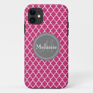 Monogrammed Hot Pink Moroccan Lattice Pattern iPhone 11 Case