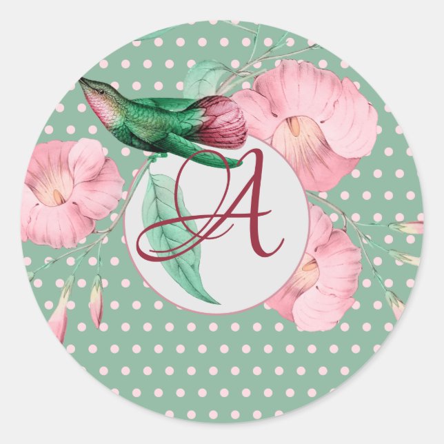Monogrammed Hummingbird Mint Green Pink Decor Cake Classic Round Sticker (Front)