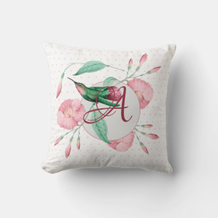 Monogrammed Hummingbird Pink Mint Floral DECOR Cushion