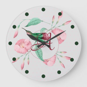 Monogrammed Hummingbird Pink Mint Floral DECOR Large Clock