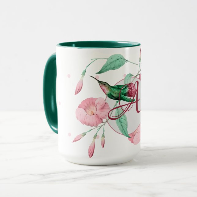 Monogrammed Hummingbird Pink Mint Floral DECOR Mug (Front Left)