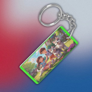 Monogrammed Husky Dogs having fun with kids   Key Ring