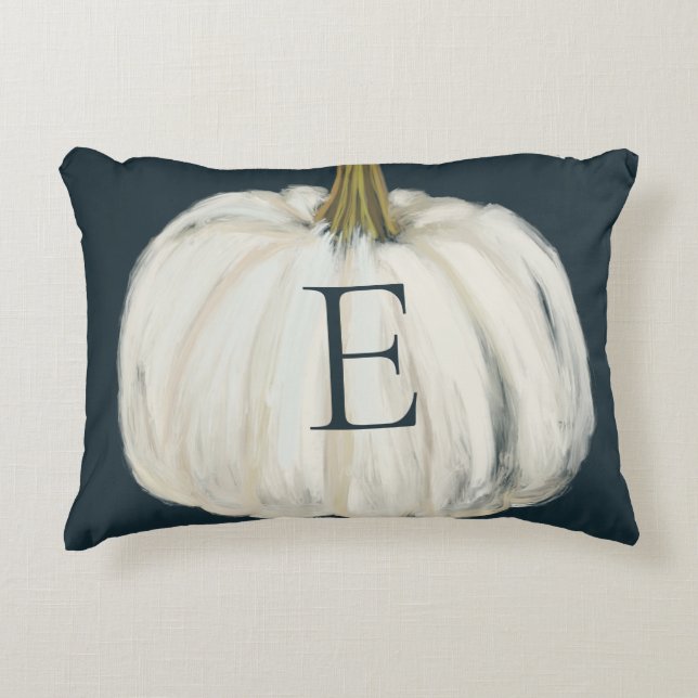 Monogrammed Indigo and White Fall Pumpkin Decorative Cushion (Front)