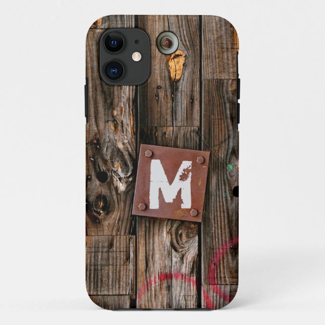 Monogrammed Industrial Rustic Wood Pattern Case-Mate iPhone Case (Back)