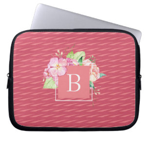 Monogrammed Initial Abstract & Pink Coral Floral Laptop Sleeve