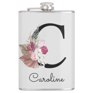Monogrammed Initial C Pink Boho Girly Floral Hip Flask