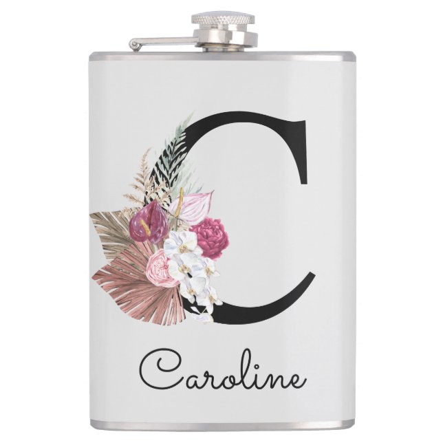 Monogrammed Initial C Pink Boho Girly Floral Hip Flask (Front)
