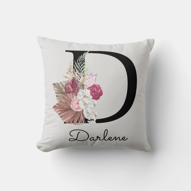 Monogrammed Initial D Pink Boho Cushion (Front)