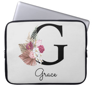 Monogrammed Initial G Monogram Pink Boho Floral Laptop Sleeve