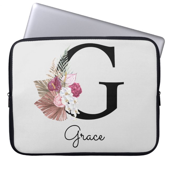 Monogrammed Initial G Monogram Pink Boho Floral Laptop Sleeve (Front)