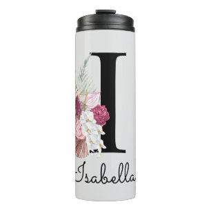 Monogrammed Initial I Pink Boho Girly Floral Thermal Tumbler