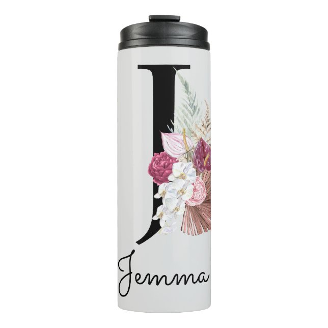 Monogrammed Initial J Pink Boho Girly Floral Thermal Tumbler (Front)