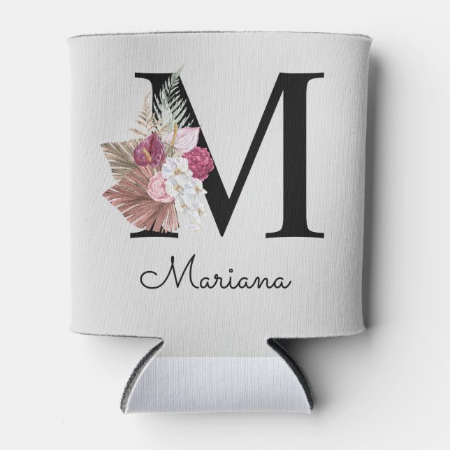 Monogrammed Initial M Pink Boho Floral Can Cooler (Front)