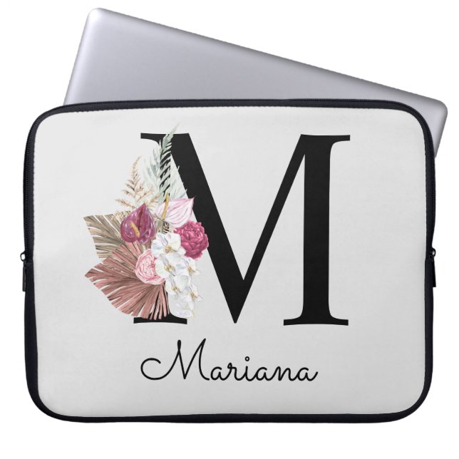 Monogrammed Initial M Pink Boho Floral Laptop Sleeve (Front)