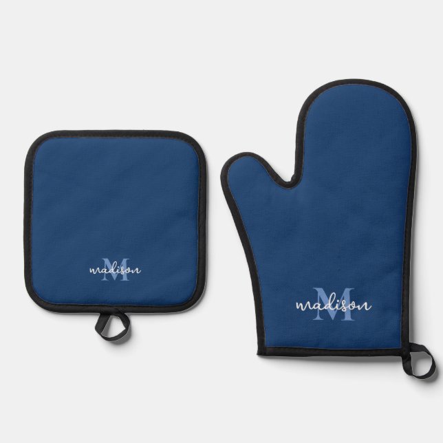 Monogrammed Initial Name Navy Blue Oven Mitt & Pot Holder Set (Front)