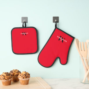 Monogrammed Initial Name Red Oven Mitt & Pot Holder Set