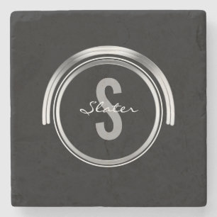 Monogrammed Initial Name Simple Black Silver Stone Coaster