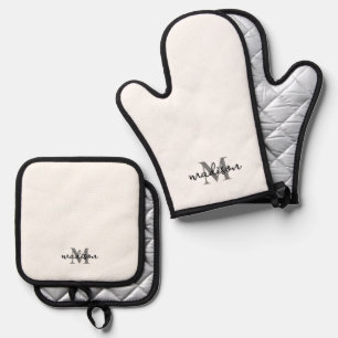 Monogrammed Initial Name White Oven Mitt & Pot Holder Set