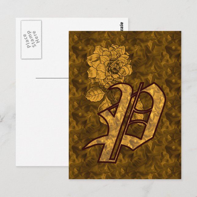 Monogrammed Initial P Gold Peony Postcard (Front/Back)