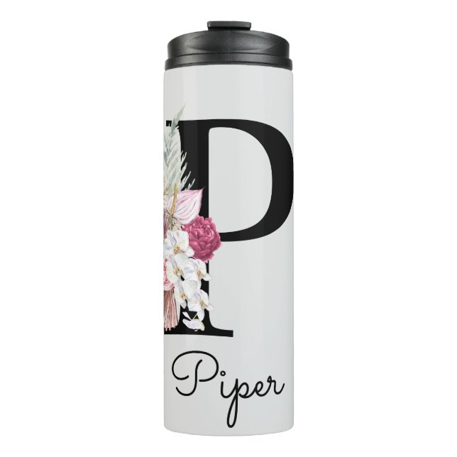 Monogrammed Initial P Pink Boho Floral Thermal Tumbler (Front)