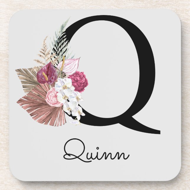 Monogrammed Initial Q Pink Boho Floral Coaster (Front)