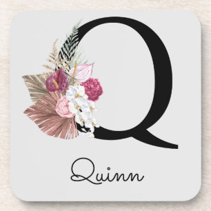 Monogrammed Initial Q Pink Boho Floral Coaster