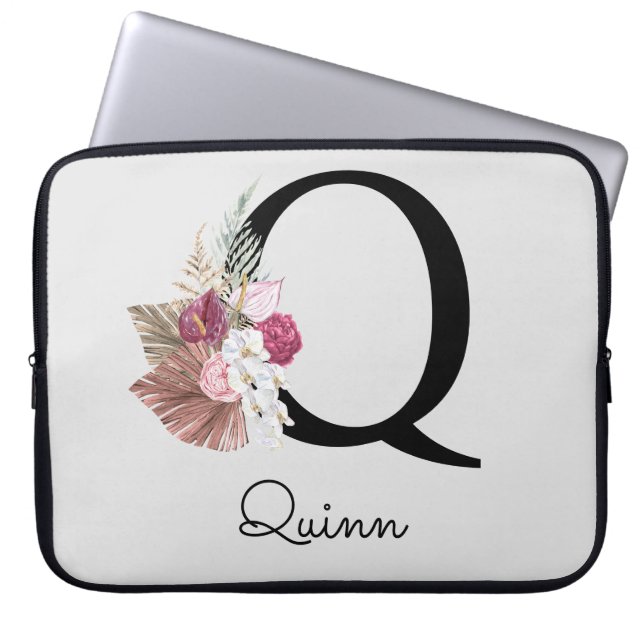 Monogrammed Initial Q Pink Boho Floral Laptop Sleeve (Front)