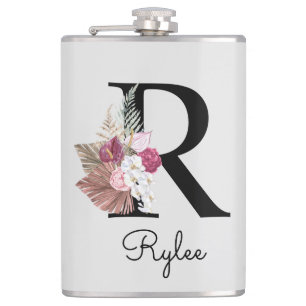 Monogrammed Initial R Pink Boho Girly Floral Hip Flask