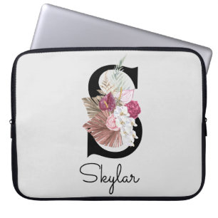 Monogrammed Initial S Pink Boho Floral Laptop Sleeve