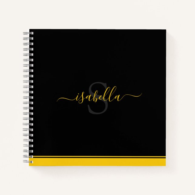 Monogrammed Initial Script Yellow Black Notebook (Front)