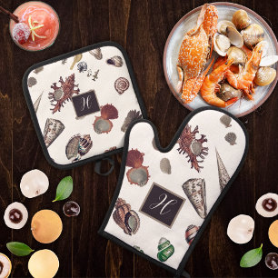 Monogrammed Initial Sea Shells Vintage Watercolor Oven Mitt & Pot Holder Set