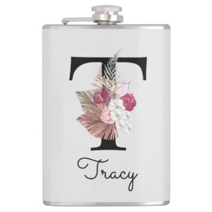 Monogrammed Initial T Pink Boho Girly Floral Hip Flask