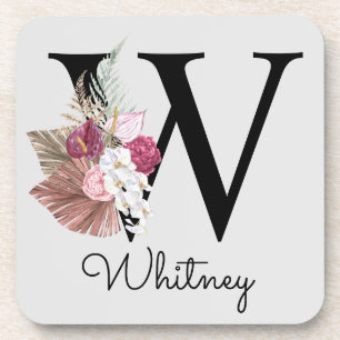 Monogrammed Initial W Pink Boho Floral Coaster